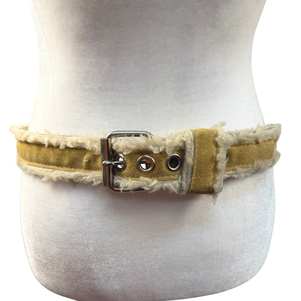 Vintage Tan Suede Shearling Trim Belt Silver Grommet Buckle Made in USA M/L